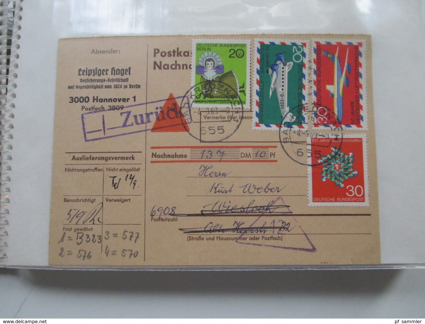 BRD / Berlin Belegeposten in 2 Alben 90 Belege / GA / Paketkarten. 22 Nachnahmekarten mit Zurück Vermerk! 1950 - 90er