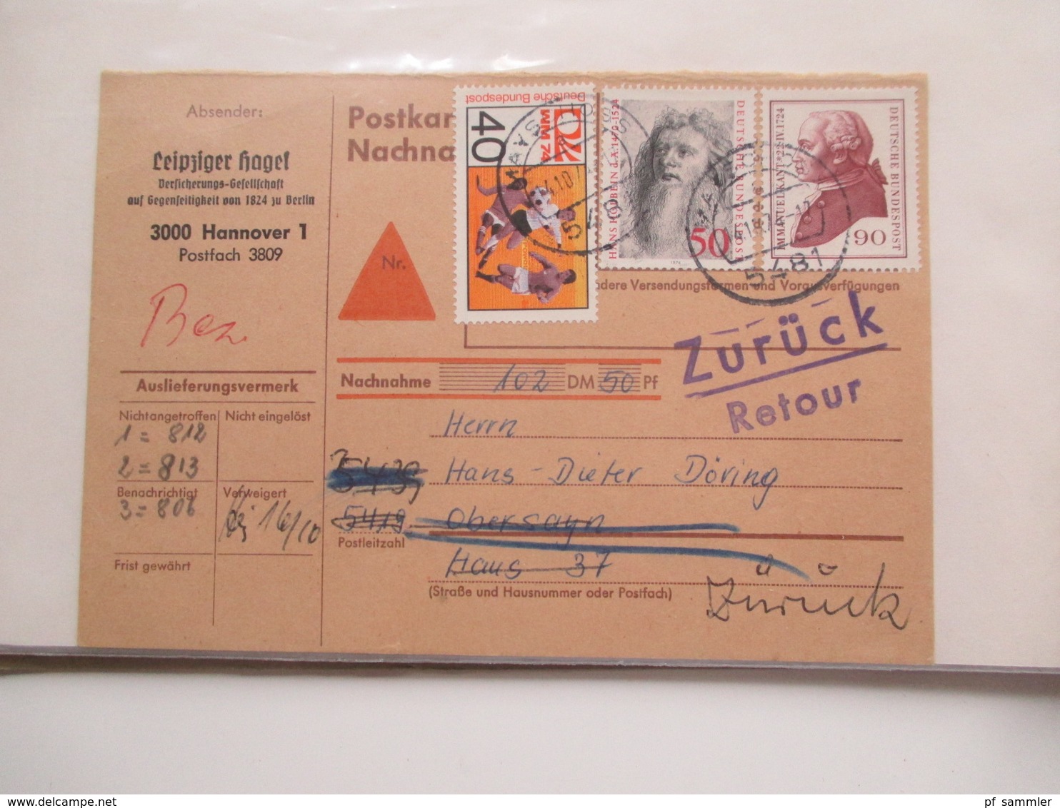 BRD / Berlin Belegeposten in 2 Alben 90 Belege / GA / Paketkarten. 22 Nachnahmekarten mit Zurück Vermerk! 1950 - 90er