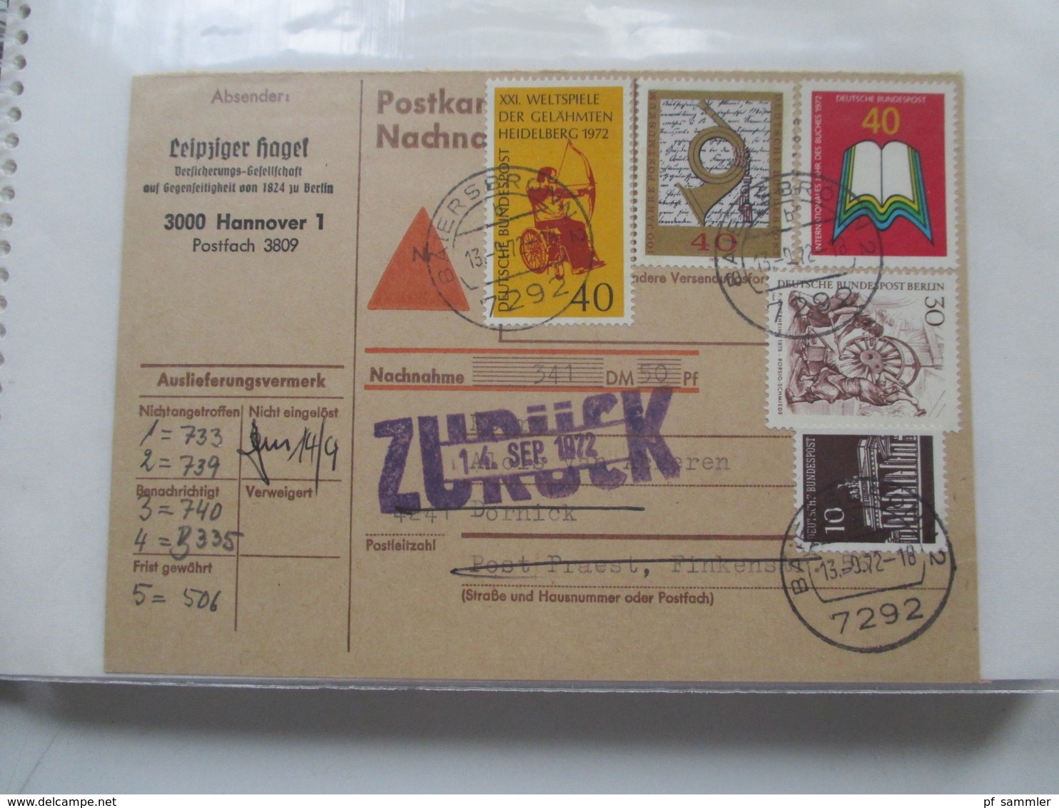 BRD / Berlin Belegeposten in 2 Alben 90 Belege / GA / Paketkarten. 22 Nachnahmekarten mit Zurück Vermerk! 1950 - 90er