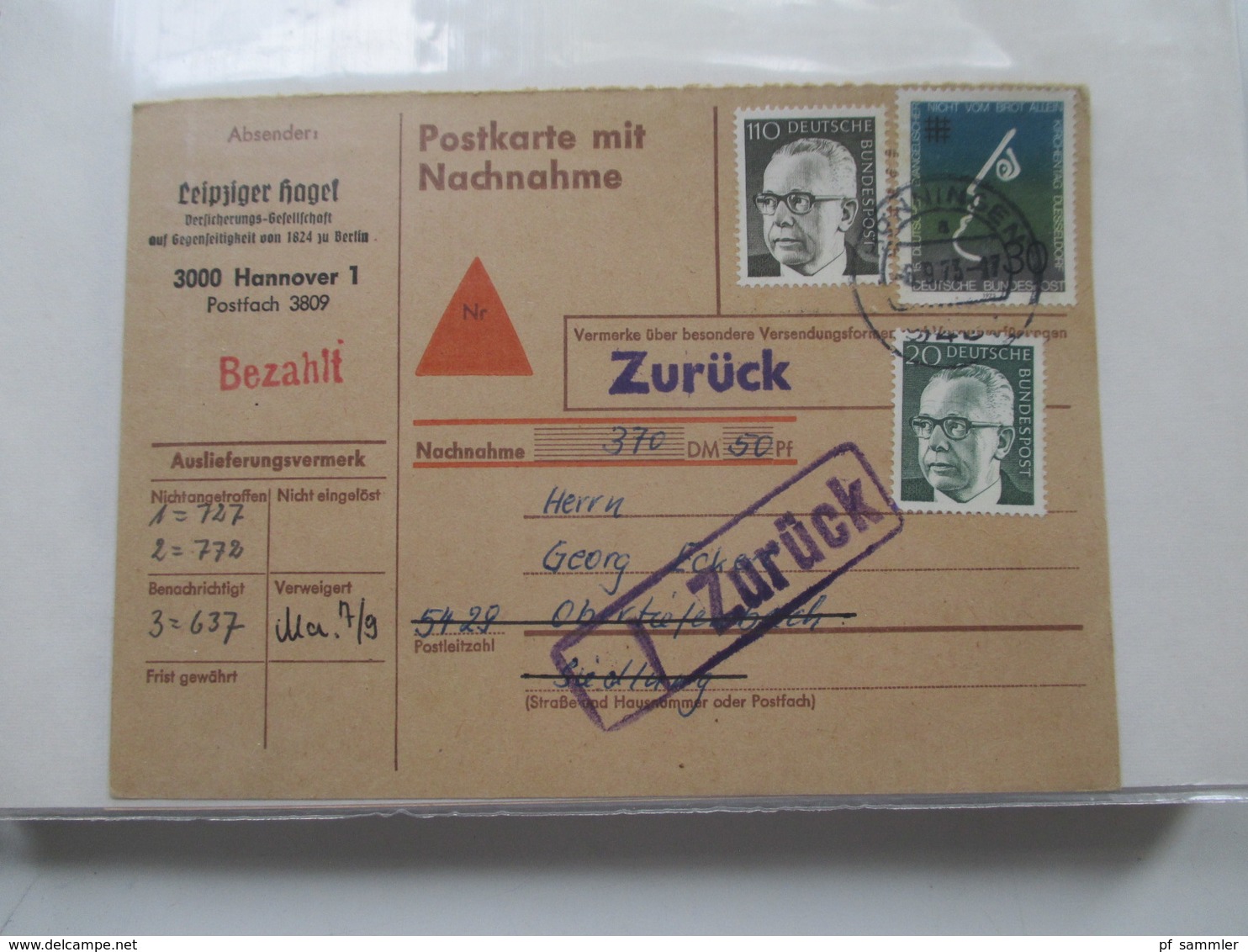 BRD / Berlin Belegeposten in 2 Alben 90 Belege / GA / Paketkarten. 22 Nachnahmekarten mit Zurück Vermerk! 1950 - 90er