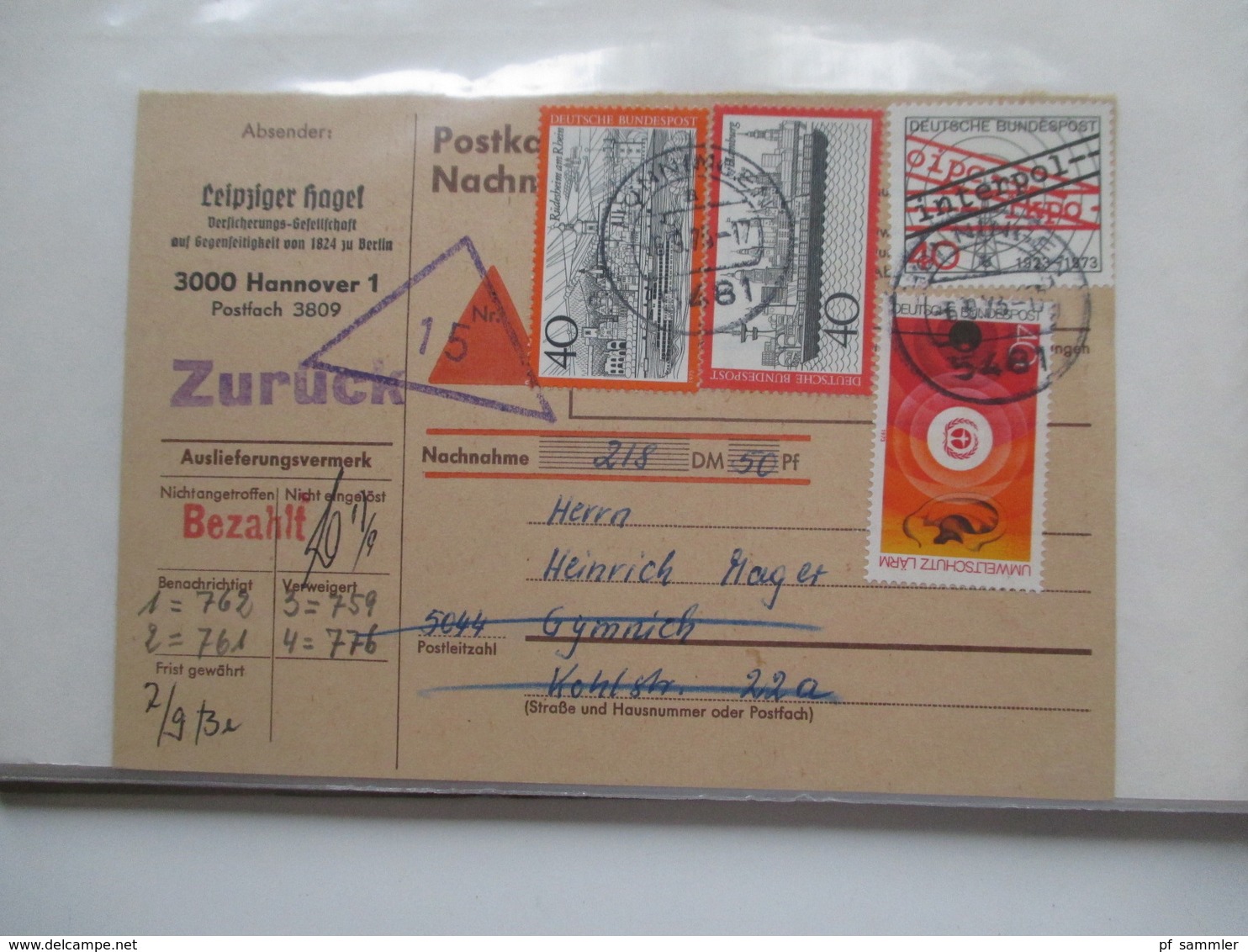 BRD / Berlin Belegeposten in 2 Alben 90 Belege / GA / Paketkarten. 22 Nachnahmekarten mit Zurück Vermerk! 1950 - 90er