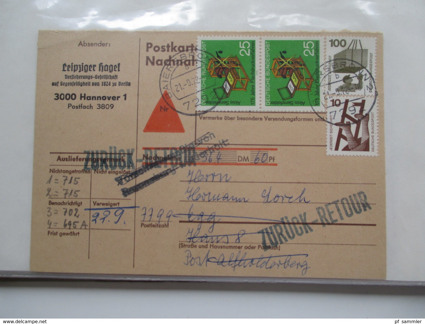 BRD / Berlin Belegeposten in 2 Alben 90 Belege / GA / Paketkarten. 22 Nachnahmekarten mit Zurück Vermerk! 1950 - 90er