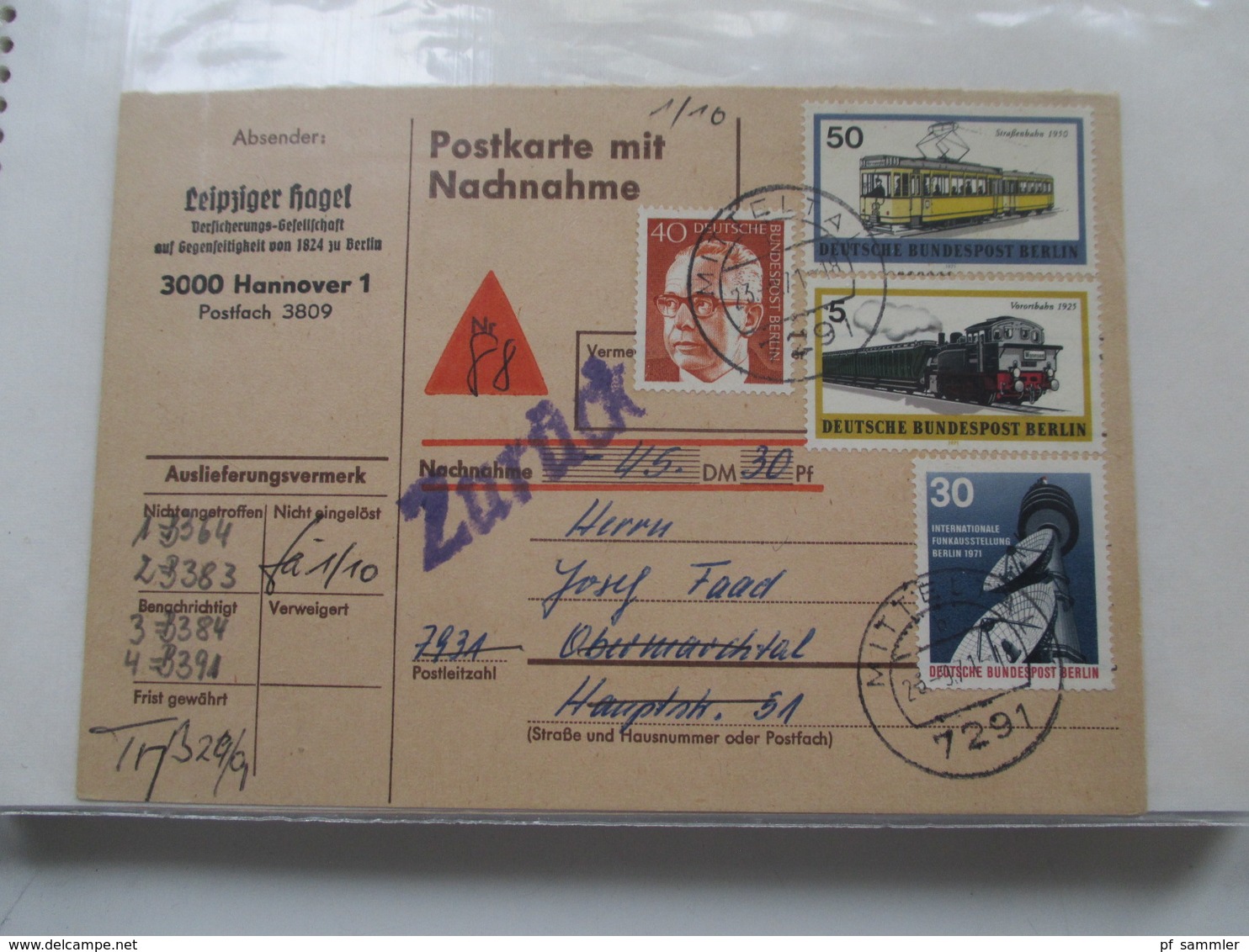 BRD / Berlin Belegeposten in 2 Alben 90 Belege / GA / Paketkarten. 22 Nachnahmekarten mit Zurück Vermerk! 1950 - 90er