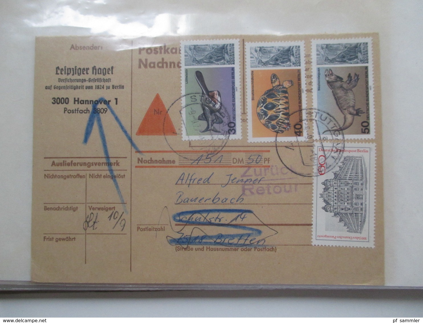 BRD / Berlin Belegeposten in 2 Alben 90 Belege / GA / Paketkarten. 22 Nachnahmekarten mit Zurück Vermerk! 1950 - 90er