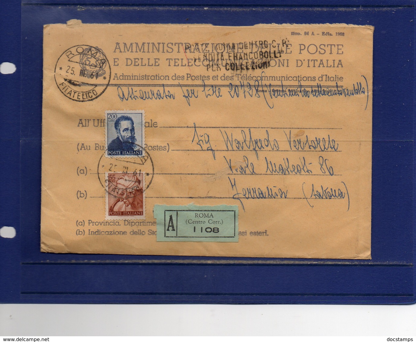 ##(DAN186/1)1961- Busta Assicurata Da Roma Per Savona, Lineare Poste Roma Centro Vendita Francobolli Per Collezioni - 1961-70: Storia Postale