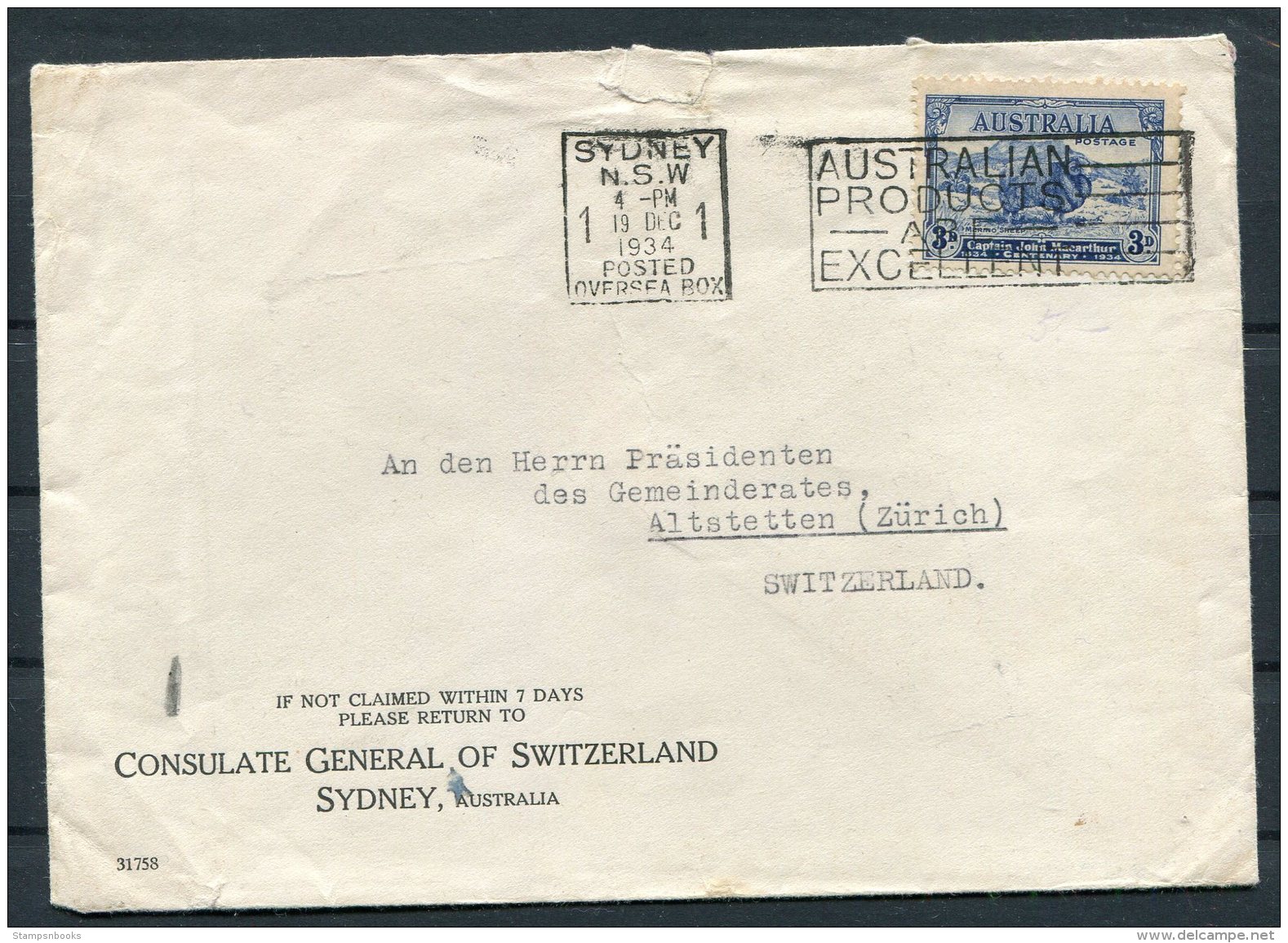 1934 Australia Sydney Advertising Slogan Cover. Swiss Consulate - Zurich Switzerland - Covers & Documents