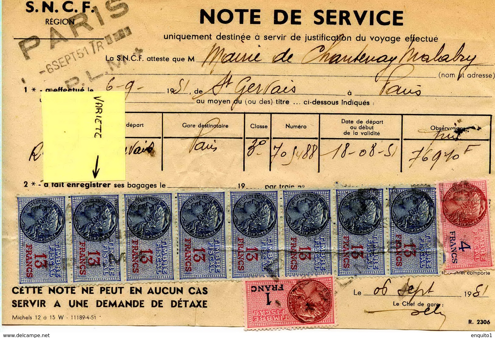 Timbres Fiscaux Sur Récépissé SNCF - Autres & Non Classés