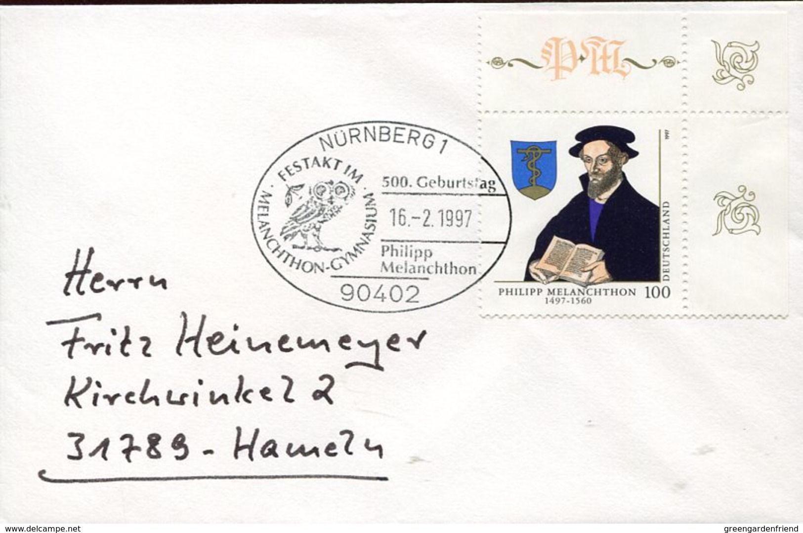 35305 Germany, Special Postmark 1997 Nurnberg Philipp Melanchton (luther) Showing Eul,owl, - Christentum