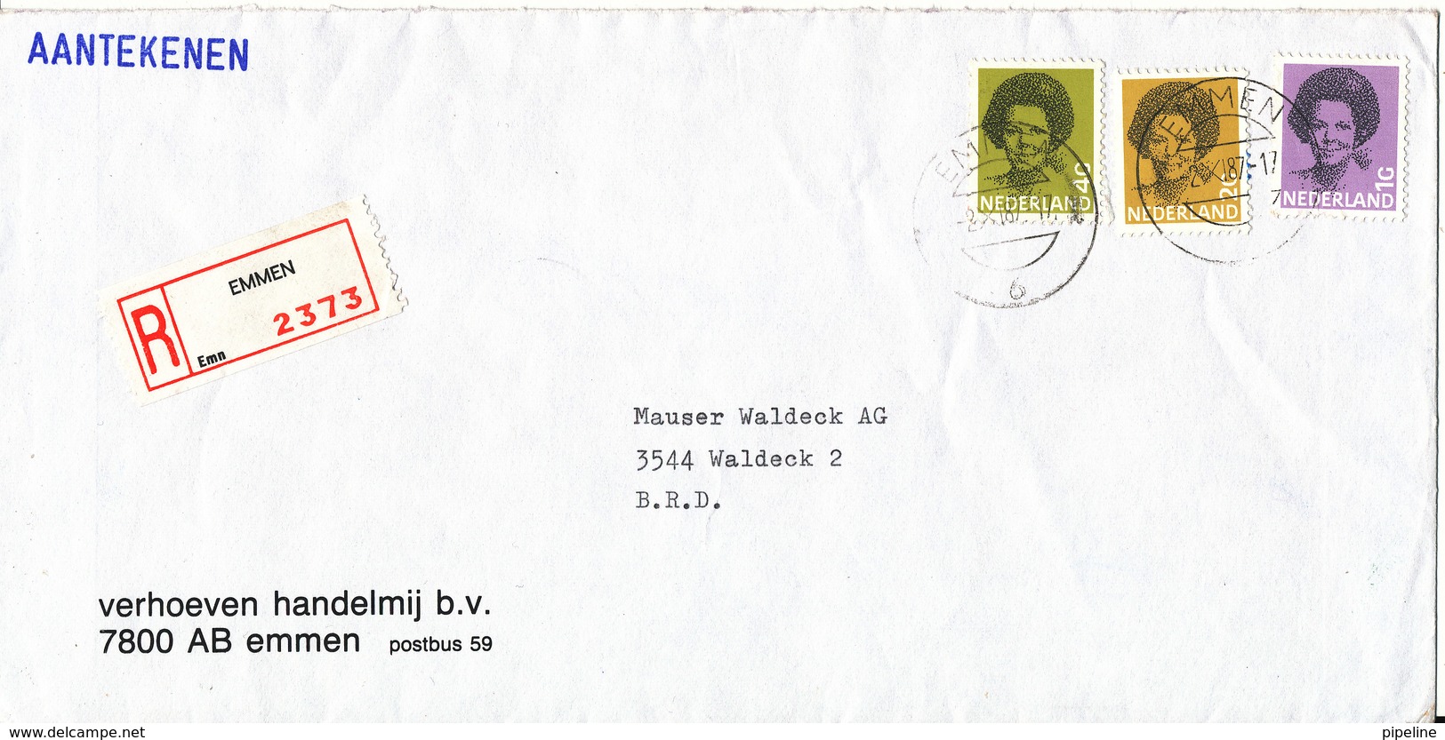 Netherlands Registered Cover Sent To Germany Emmen 2-11-1987 - Covers & Documents