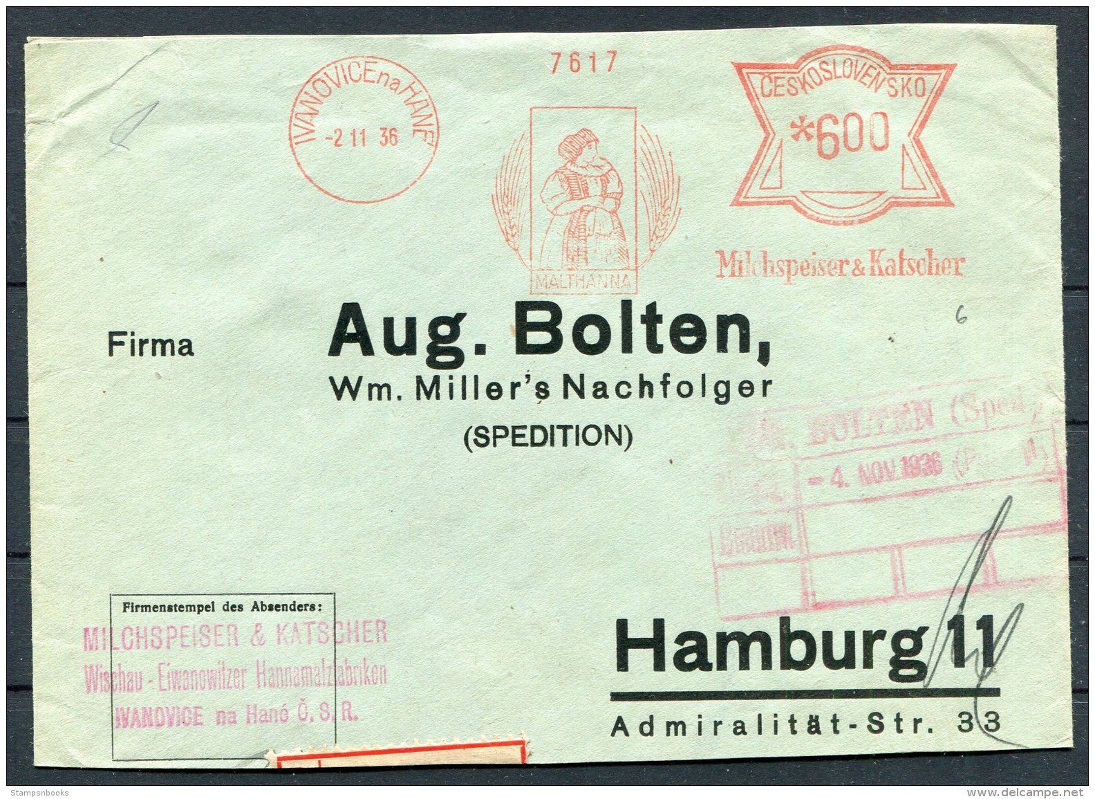 1936 Ivanovice Na Hane Franking Machine Cover - Hamburg. Beer Alcohol Brewery - Covers & Documents