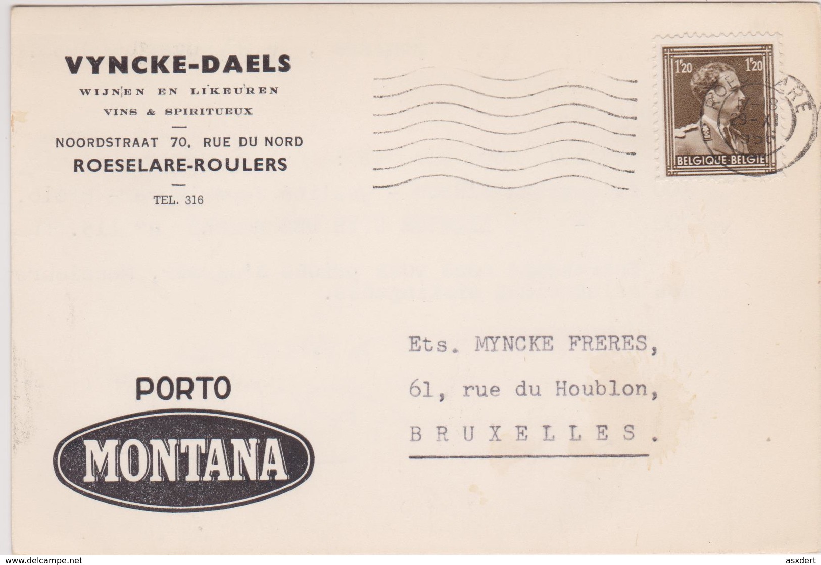 845 - C.P.  VYNCKE - DAELS / VINS & SPIRITUEUX - WIJNEN & LIKEUREN / ROESELAERE - ROULERS  1956 - Cartas & Documentos