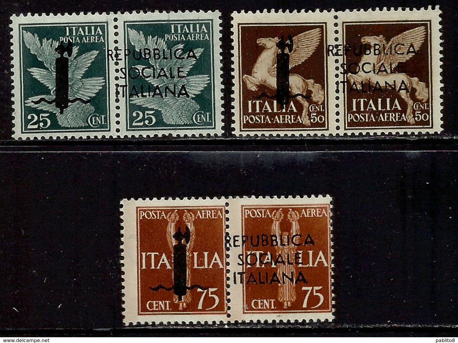 ITALIA REGNO ITALY 1944 POSTA AEREA SAGGI REPUBBLICA SOCIALE ITALIANA RSI CENT. 25+50+75  MNH SAGGIO PROVA CERTIFICATO - Nuovi