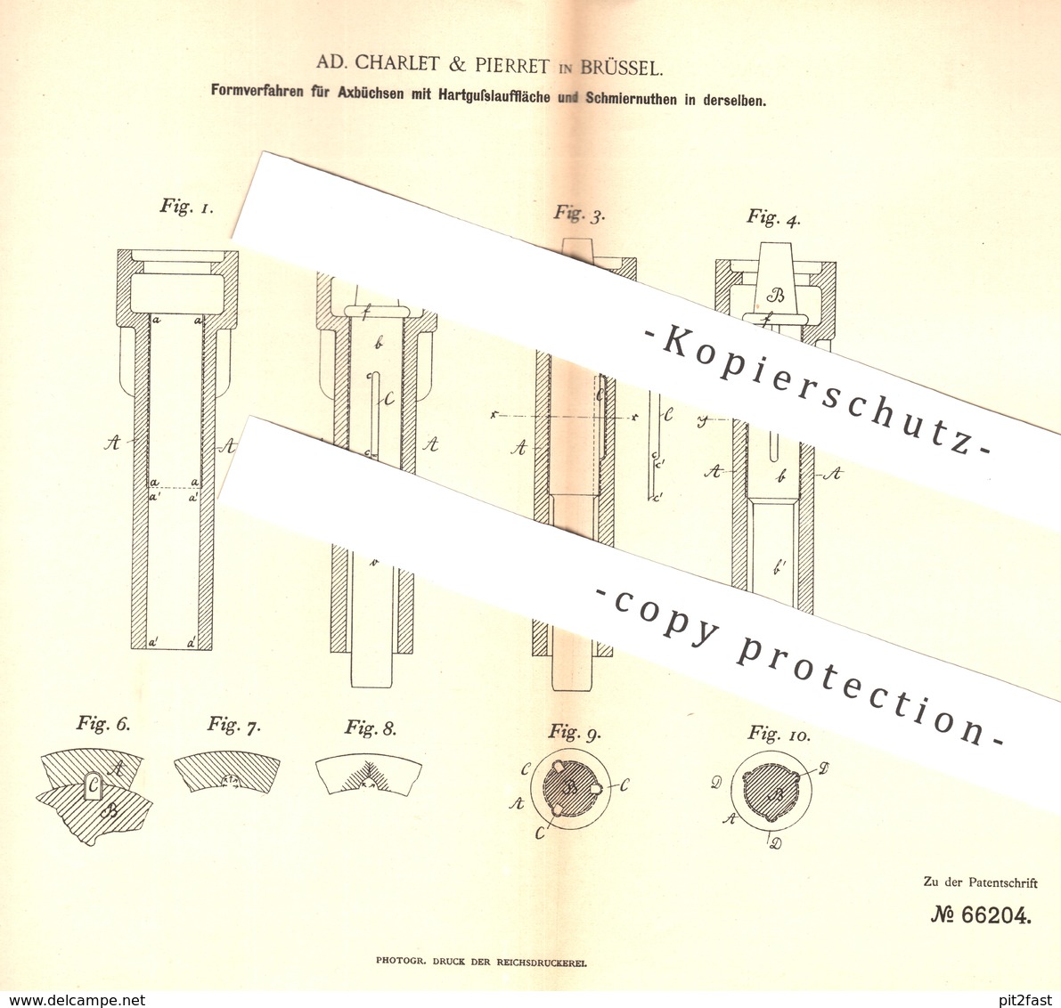 Original Patent - Ad. Charlet & Pierret , Brüssel , 1892 , Formverfahren F. Achsbüchsen Mit Hartguss | Gusseisen | Achse - Documenti Storici
