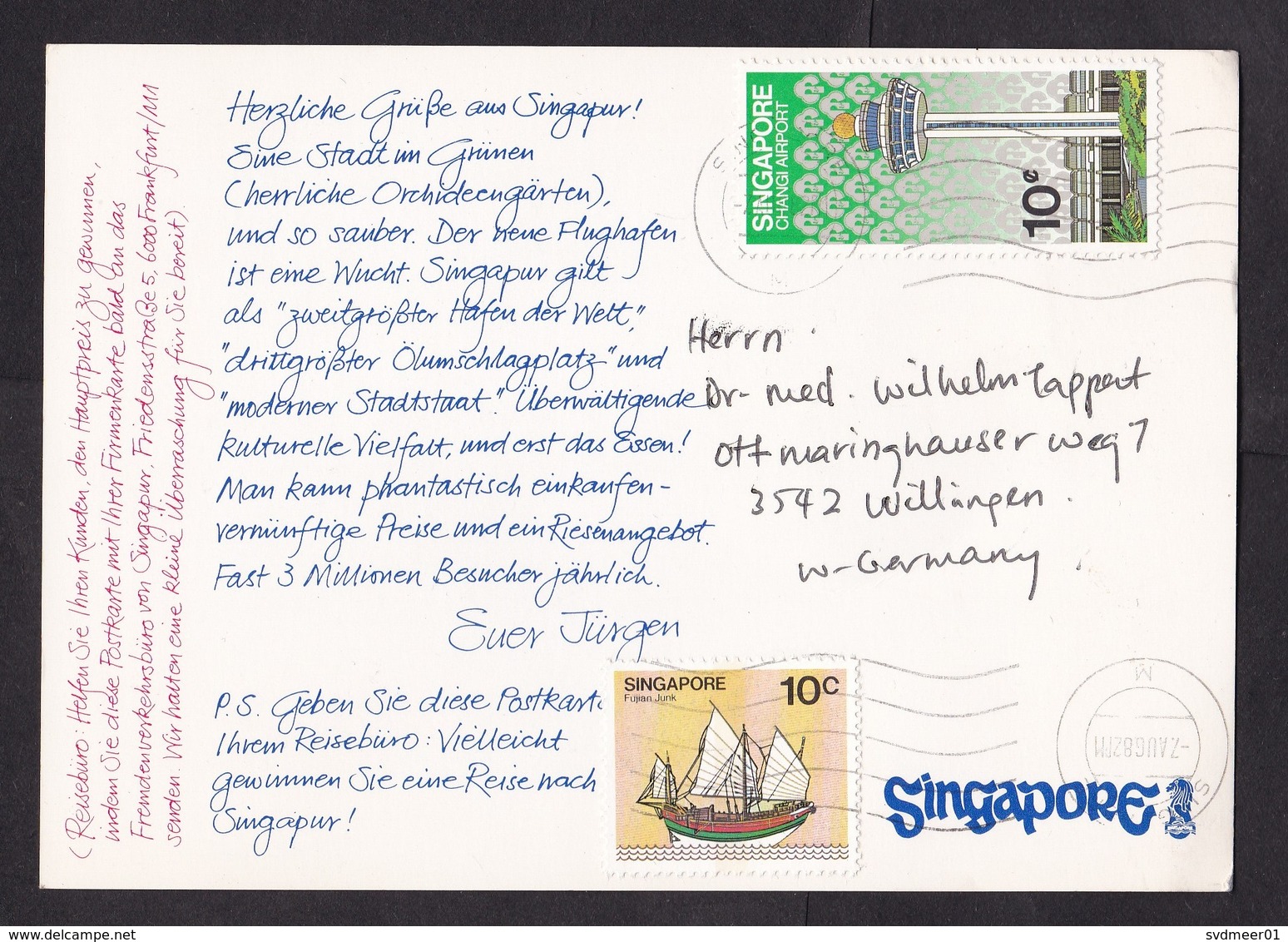 Singapore: Advertorial Postcard To Germany, 1982, 2 Stamps, Airport Flight Control Tower, Ship (traces Of Use) - Singapore (1959-...)