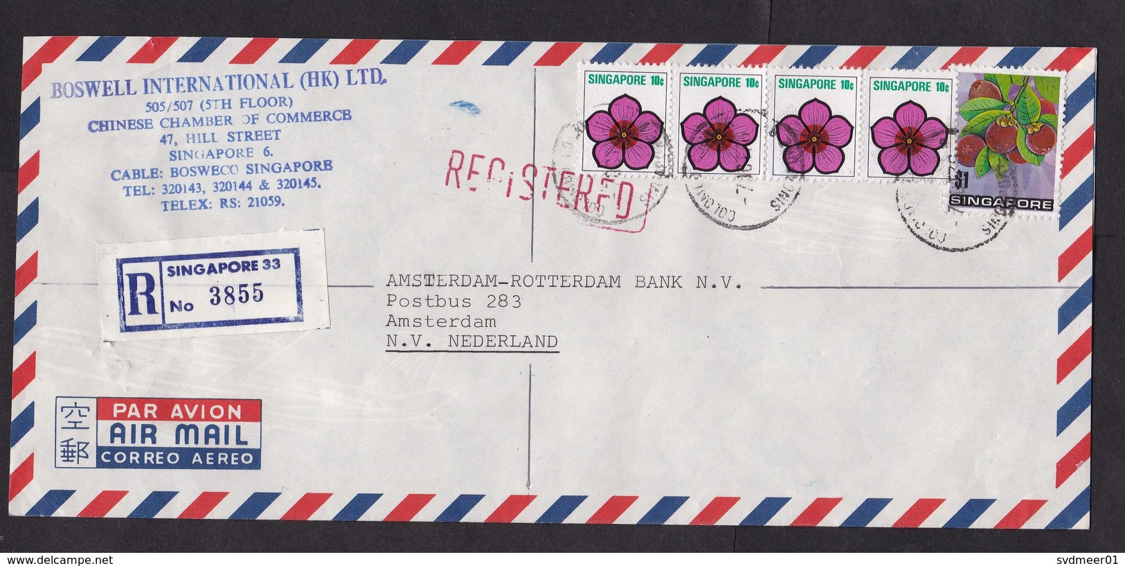 Singapore: Registered Airmail Cover To Netherlands, 1976, 5 Stamps, Flower, Berries, R-label (damaged, Opened 3 Sides) - Singapore (1959-...)
