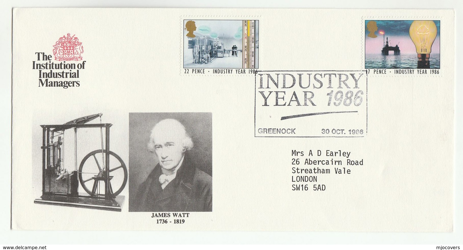 1986 Greenock JAMES WATT STEAM ENGINE Special EVENT COVER By INSTITUTION Of INDUSTRIAL MANAGERS  Energy Stamps Gb - Other & Unclassified