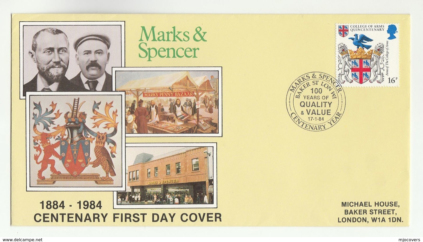 1984 MARKS & SPENCER CENTENARY Special EVENT COVER Baker St GB Stamp Jew Jewish Judaica Heraldic Owl Bird Lion Fdc - Judaika, Judentum