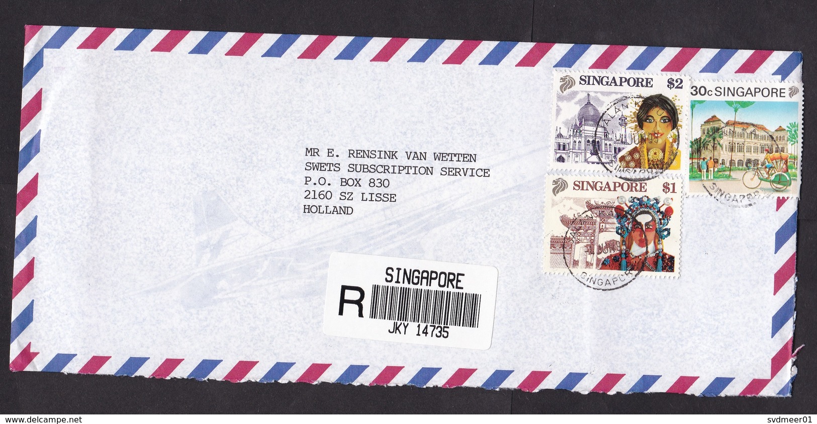 Singapore: Registered Cover To Netherlands, 1998, 3 Stamps, Lady, Mask, Dress, Bicycle Taxi, Label (traces Of Use) - Singapore (1959-...)