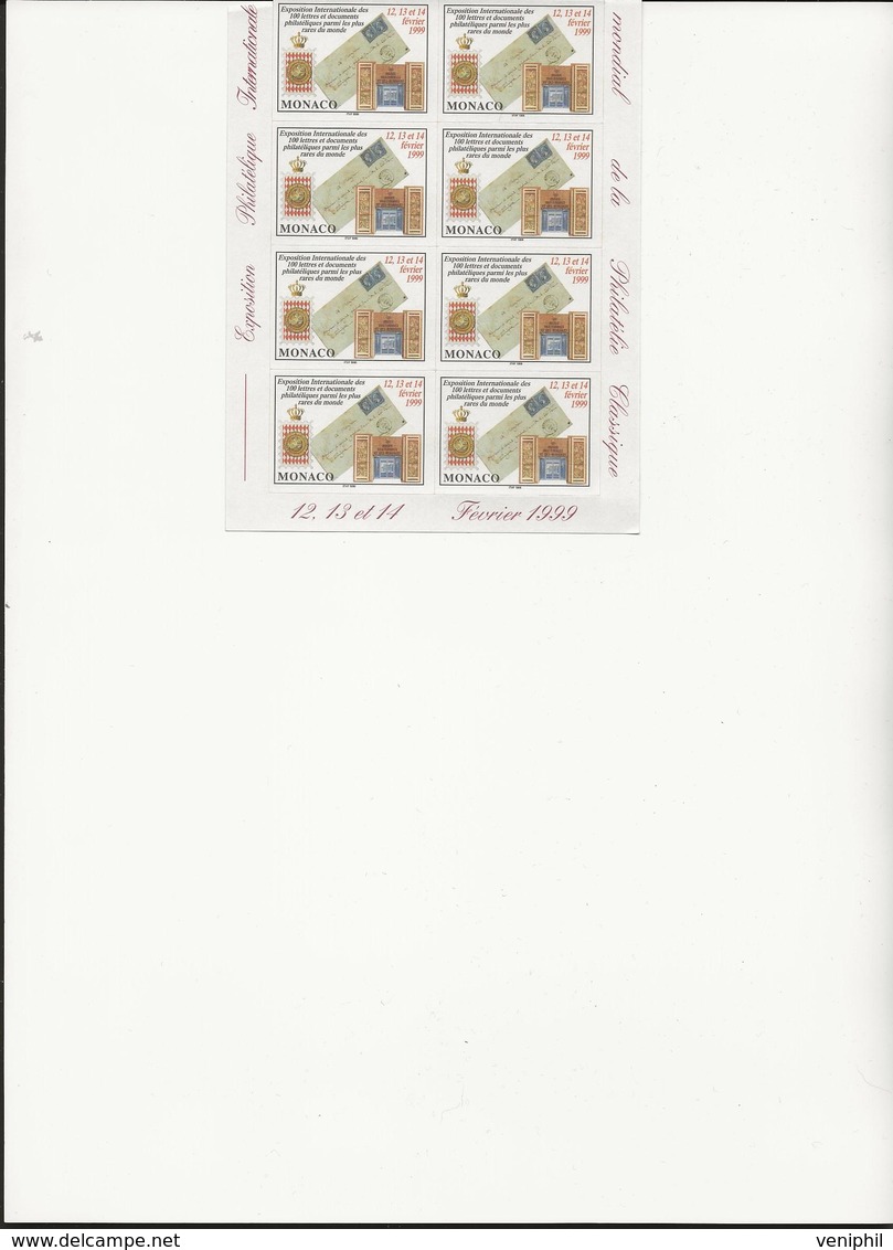 MONACO - BLOC DE 8 VIGNETTES EXPO INTERNATIONALE DES 100 LETTRES ET DOCUMENTS LES + RARES DU MONDE -ANNEE 1999 - Philatelic Fairs