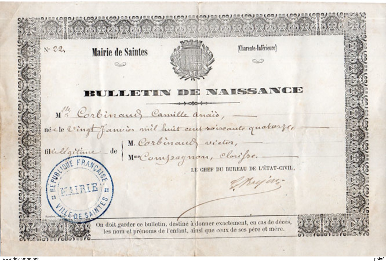 Bulletin De Naissance  - Mairie De SAINTES (Charente Mme) Corbinaud Camille Anaïs - 20 Janvier 1874 (107644) - Sin Clasificación
