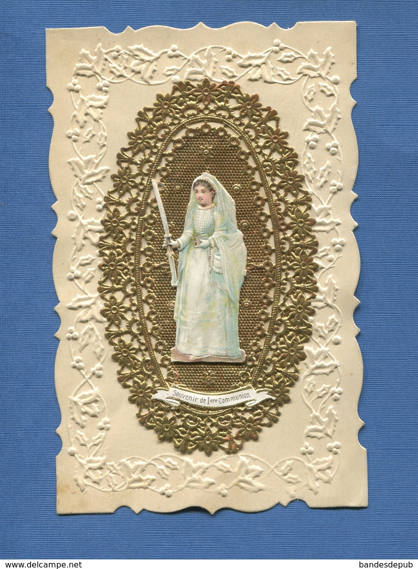 CPA Image Pieuse Religieuse Dorée Dentelle Anna Joly Souvenir Première Communion 1917 église St Louis Villemont - Devotion Images