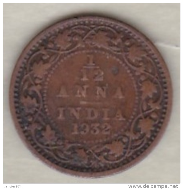 Inde  1/12 Anna 1932  , George V .Bronze .KM# 509 - Inde