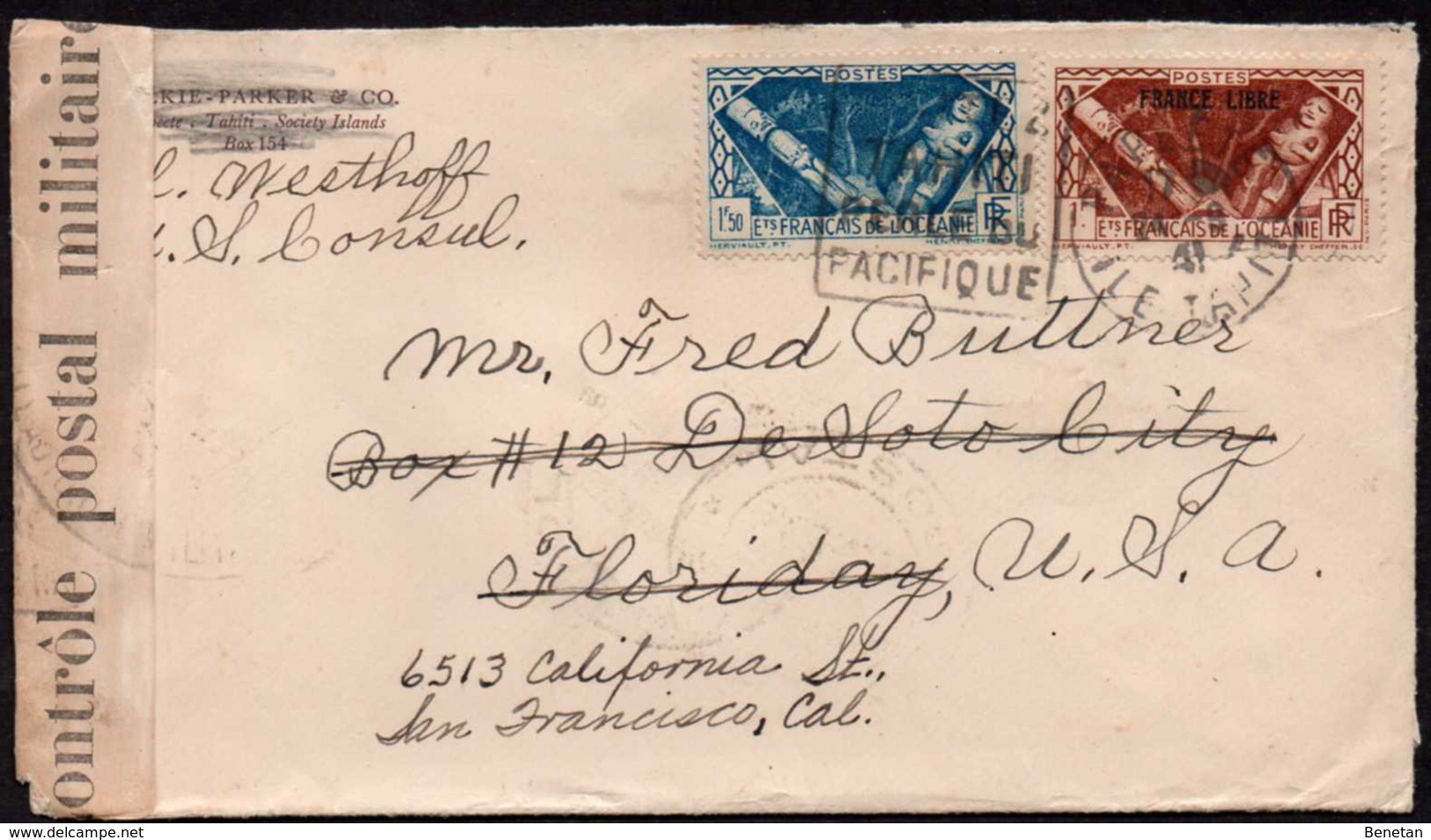 French Oceania Tahiti To USA Resent Censored Cover 1941 - Covers & Documents