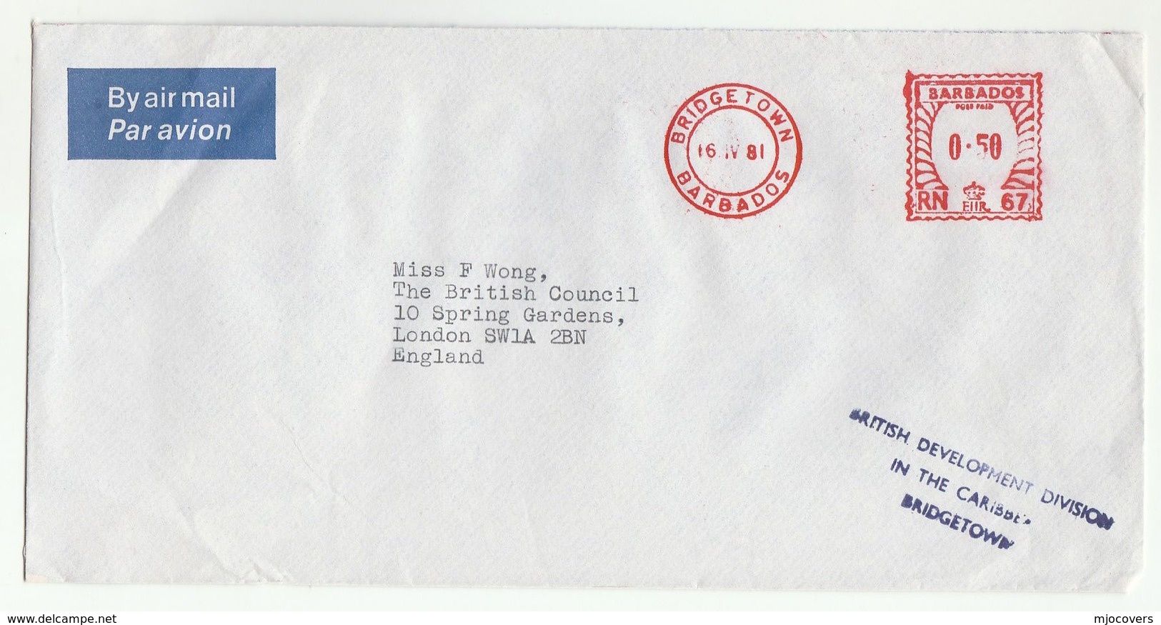 1981 Air Mail BARBADOS COVER 0.50 METER RN67 Stamps British Development Division Caribbean To British Council GB - Barbados (1966-...)