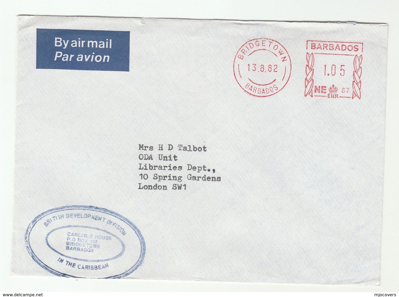 1982 Air Mail BARBADOS COVER 0.60 METER NE87 Stamps  British Development Division Caribbean To ODA Unit Libraries GB - Barbados (1966-...)