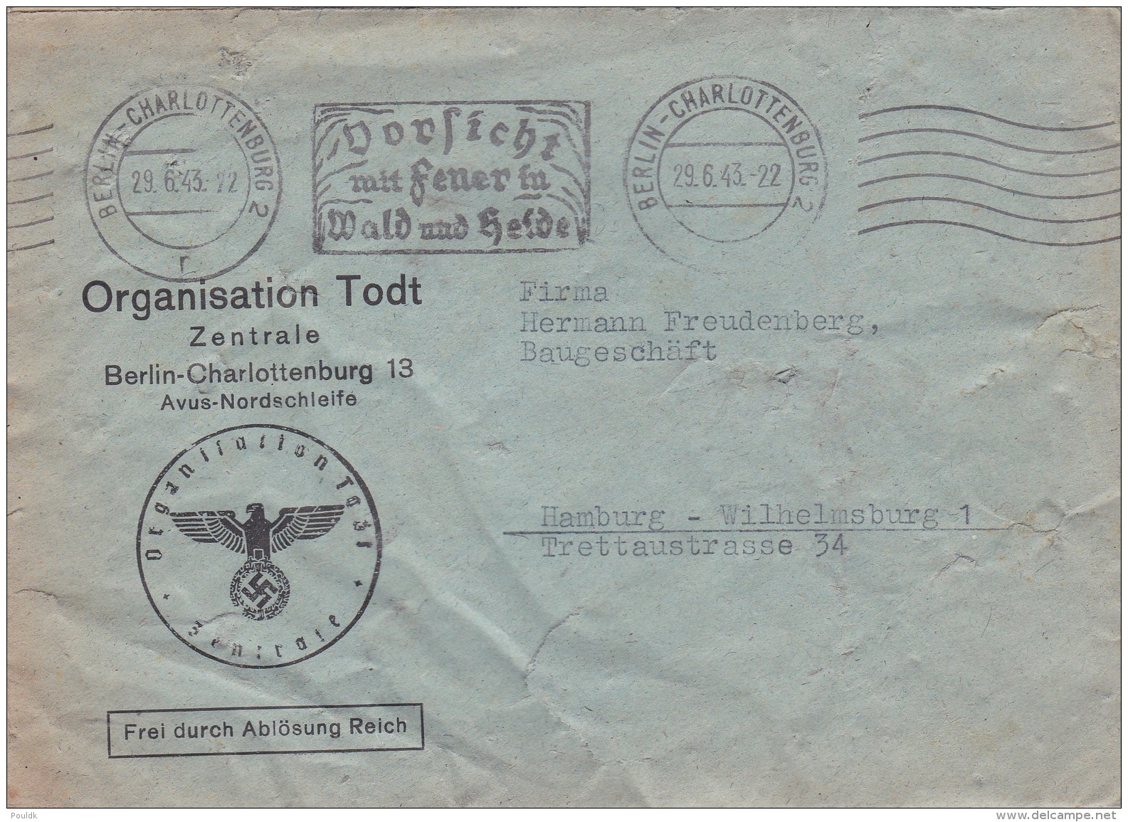 Organisation Todt, Zentrale, In Berlin-Charlotteburg To A Co. In Hamburg P/m Berlin-Charlottenburg 29.6.1943 - Cover Tor - Militaria