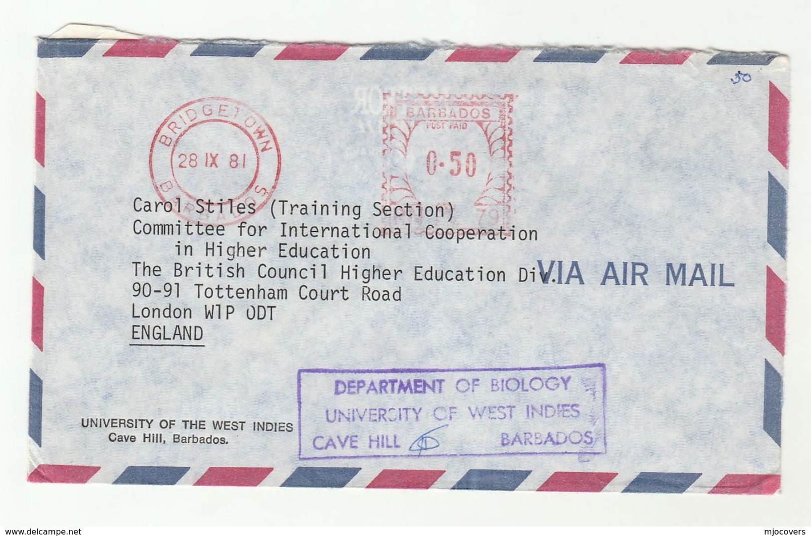 1981 Air Mail BARBADOS UNIVERSITY COVER Dept BIOLOGY 0.50 METER Stamps  To British Council GB - Barbados (1966-...)