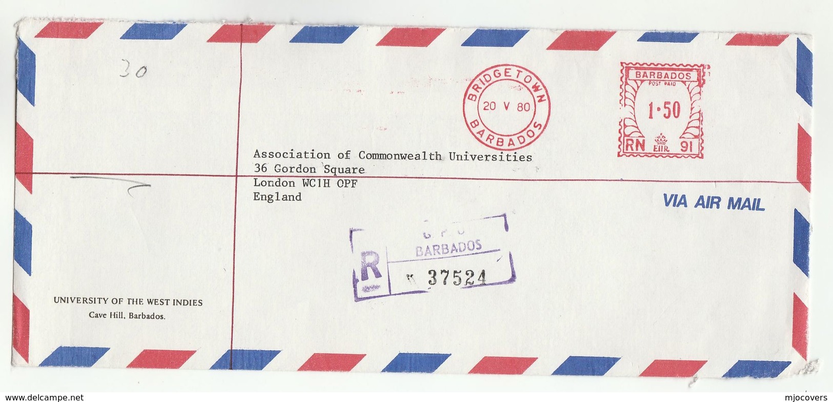 1980 Registered BARBADOS UNIVERSITY COVER  METER 1.50 RN91 Stamps  To Assoc Commonwealth Universites GB - Barbados (1966-...)