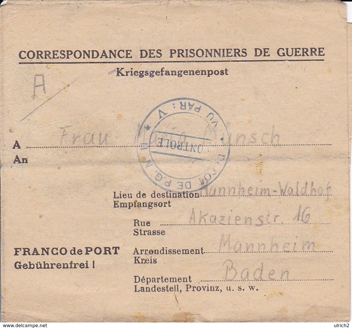 Kriegsgefangenenpost POW Pas De Calais Depot De PG No. 11 Nach Mannheim - 1946 (35482) - Covers & Documents