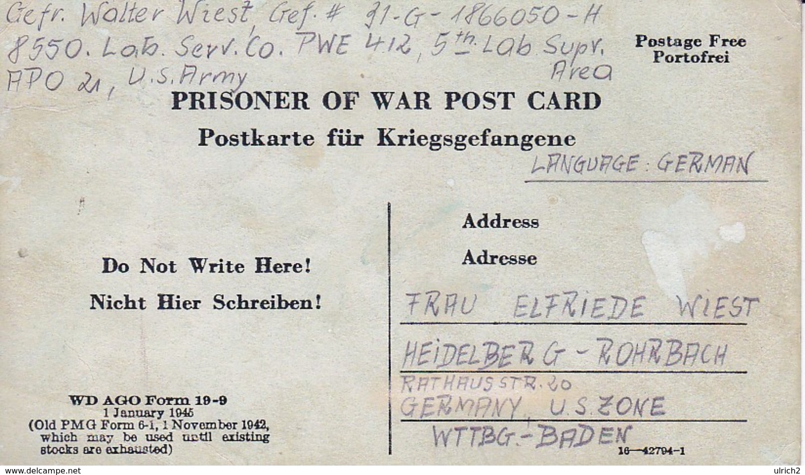 Kriegsgefangenenpost POW Lab. Serv. Co. PWE #412 Nach Heidelberg - 1946 (35486) - Other & Unclassified