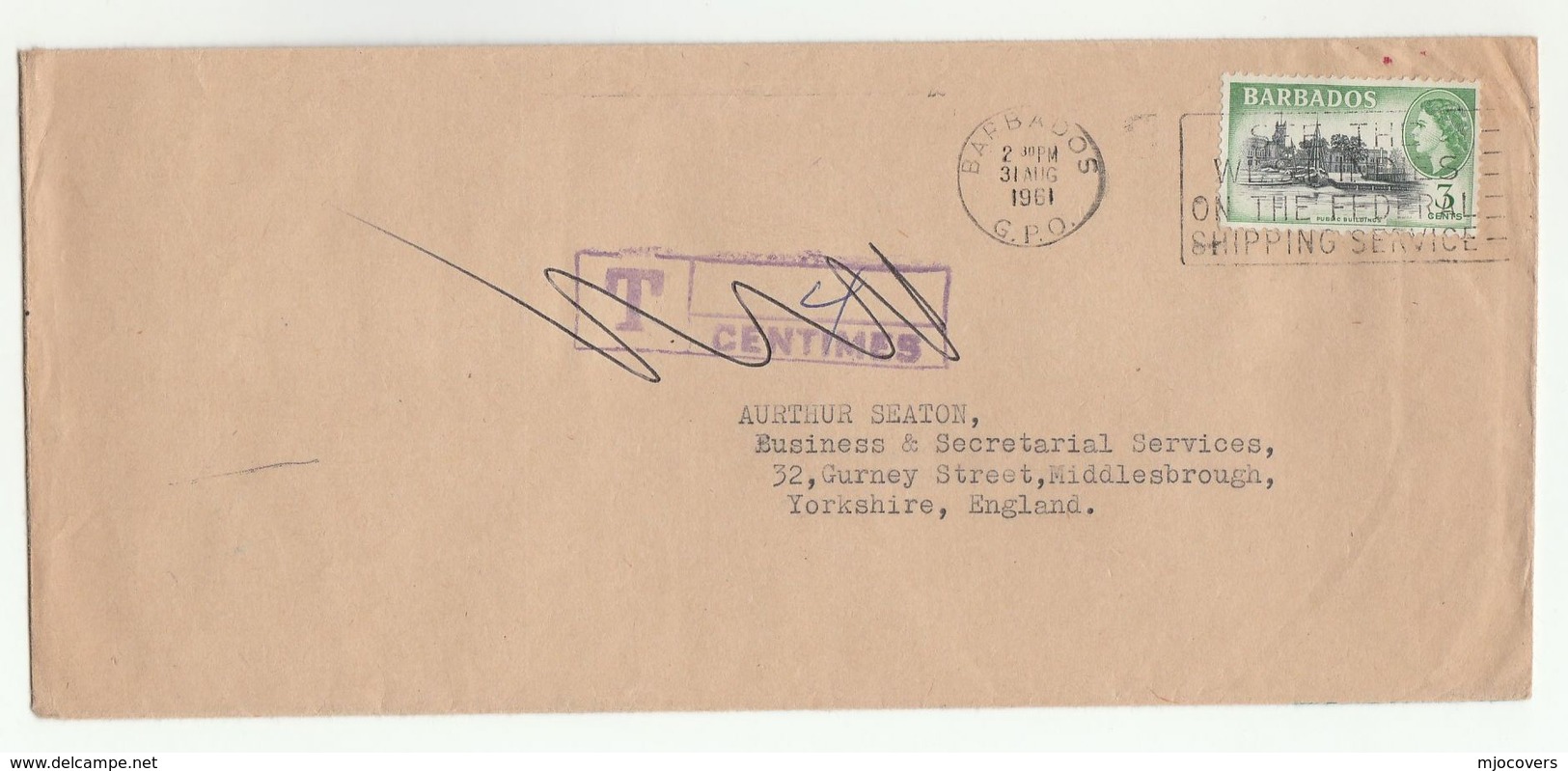 1961 BARBADOS COVER 3c Stamps With  'T CENTIMES' Tax Mark Crossed Through, To GB - Barbados (...-1966)