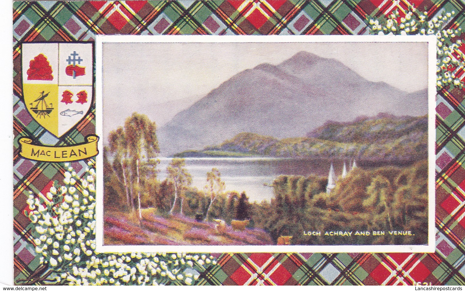 Postcard Maclean Coat Of Arms & Tartan Border Loch Achray And Ben Venue Nr Callander My Ref  B12264 - Perthshire