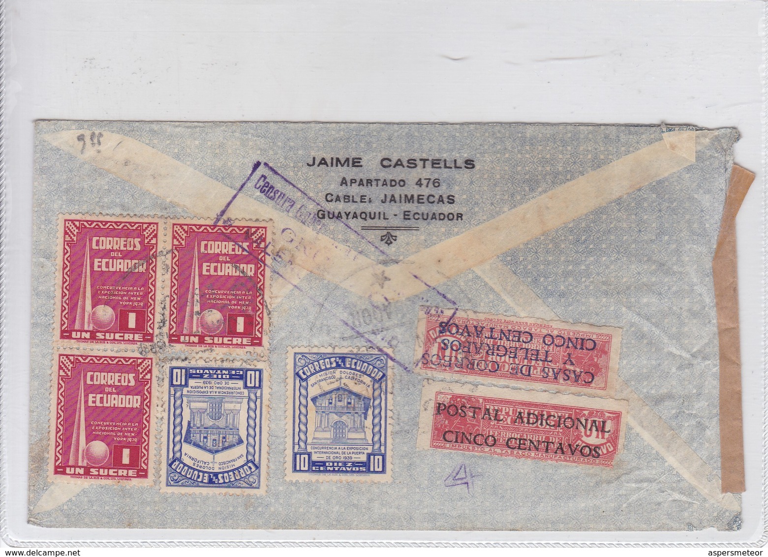 AIRMAIL CIRCULEE ECUADOR TO ESPAÑA VIA LISBOA. OBLIT CIRCA 1940's. AUTRES MARQUES - BLEUP - Ecuador