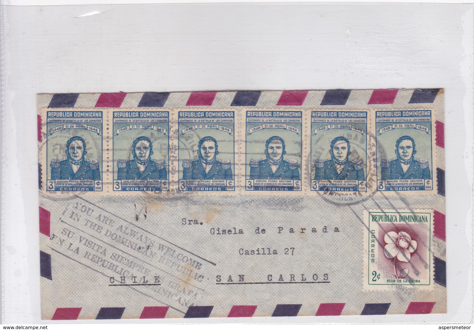 AIRMAIL CIRCULEE REPUBLICA DOMINICANA TO CHILE. BANDELETA PARLANTE. OBLIT CIRCA 1940's - BLEUP - Dominicaanse Republiek