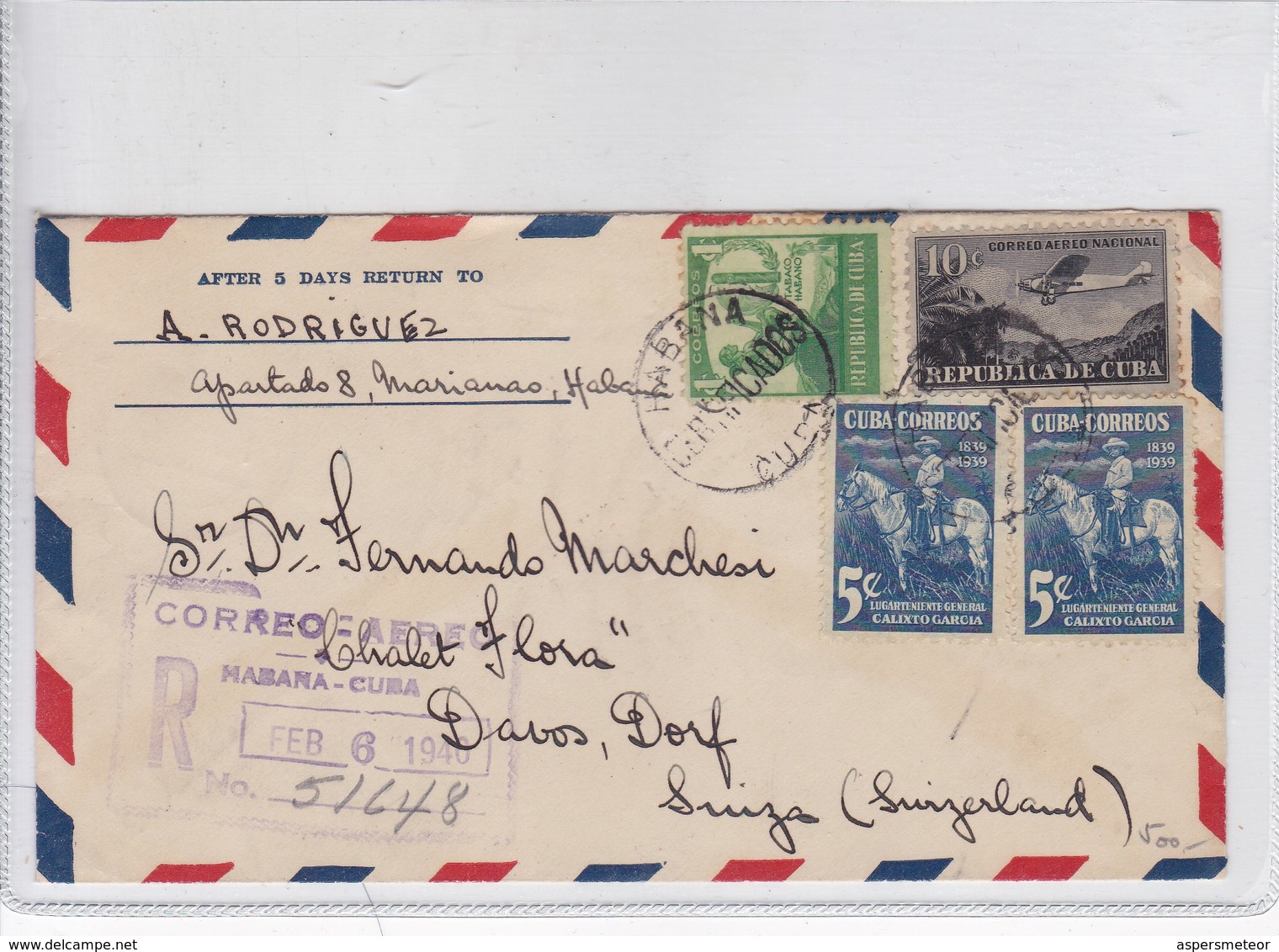 AIRMAIL CIRCULEE CUBA TO SUIZA. OBLT HABANA CIRCA 1940. RECOMMANDE.- BLEUP - Luchtpost