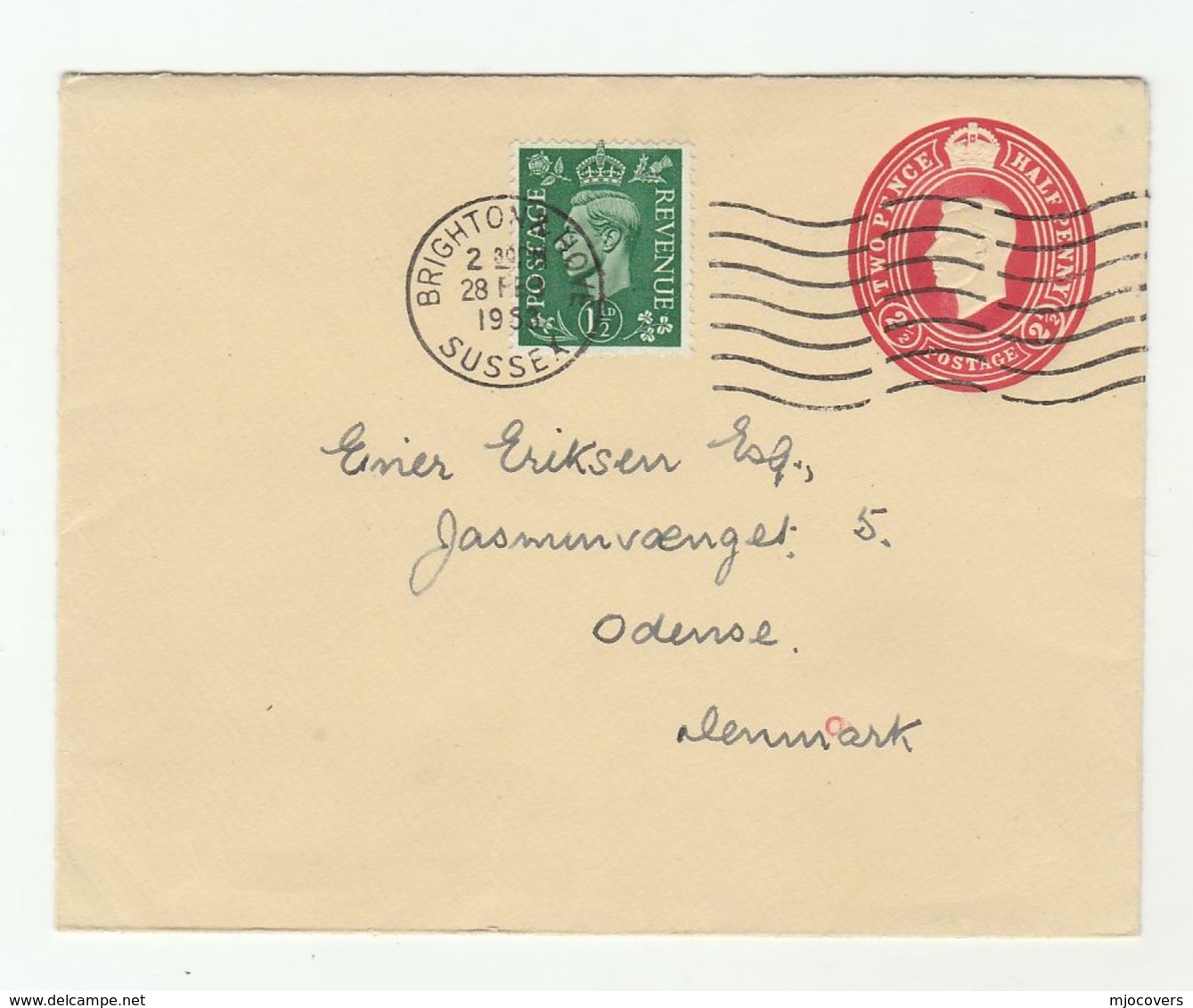 1953 Brighton GB  To DENMARK GVI  UPRATED Postal STATIONERY COVER Stamps - Stamped Stationery, Airletters & Aerogrammes