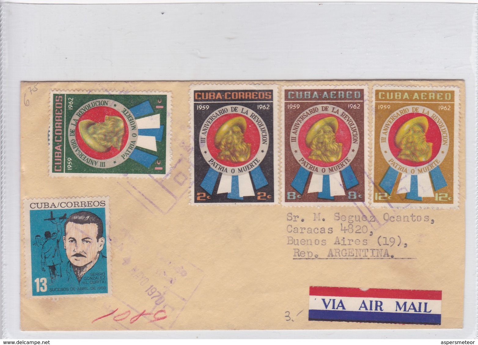 SOBRE ENVELOPE CIRCULEE CUBA TO ARGENTINE. CIRCA 1970. AUTRES MARQUES.- BLEUP - Brieven En Documenten