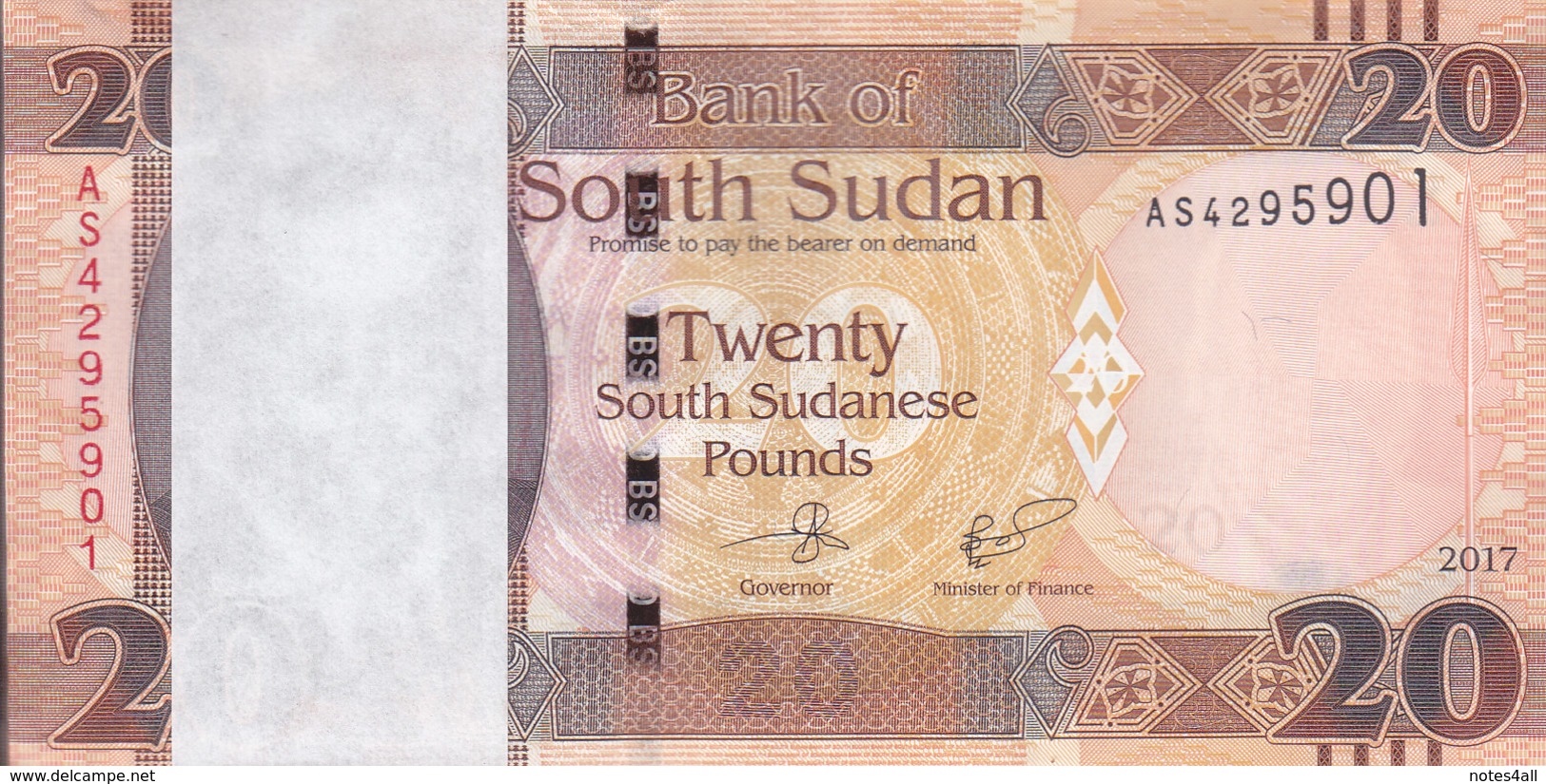 SOUTH SUDAN 20 POUND 2017 P-NEW LOT X100 UNC NOTES BUNDLE */* - South Sudan