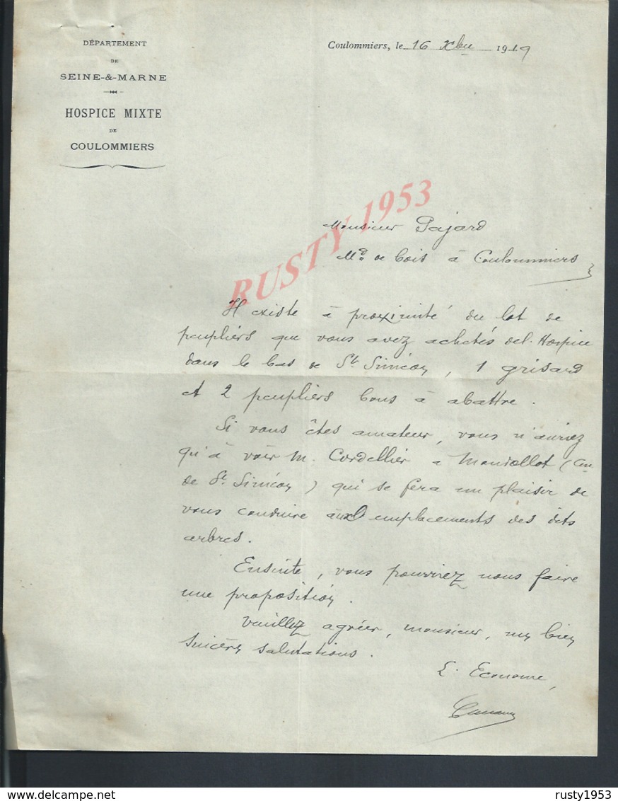 LETTRE COMMERCIALE DE 1919 HOSPICE MIXTE SUJET PEUPLIERS A COULOMMIERS : - 1900 – 1949