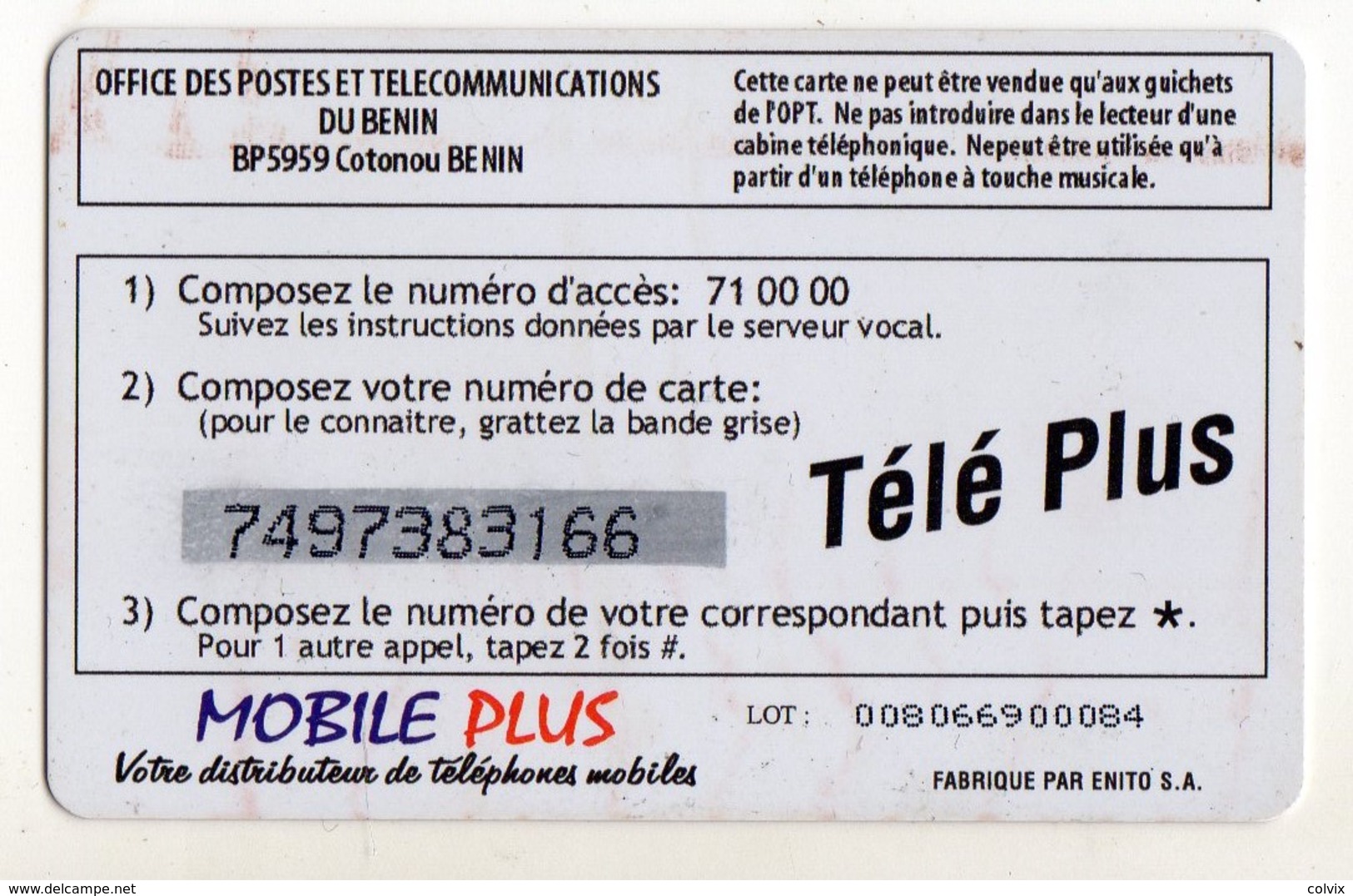 BENIN RECHARGE GSM 120 U TELE PLUS - Benin