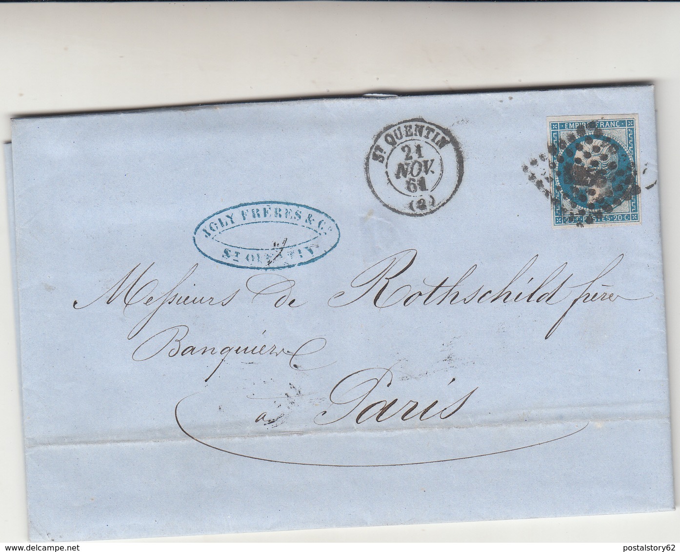 St. Quentin To Paris. Cover 1861 Poste Restante Al Retro - 1853-1860 Napoléon III