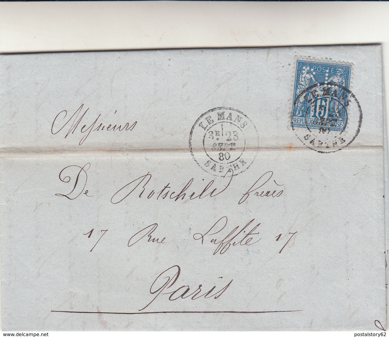 Le Mans  To Paris. Cover 1880 Poste + Perfin . Al Retro Poste Restante Al Retro - 1876-1898 Sage (Type II)