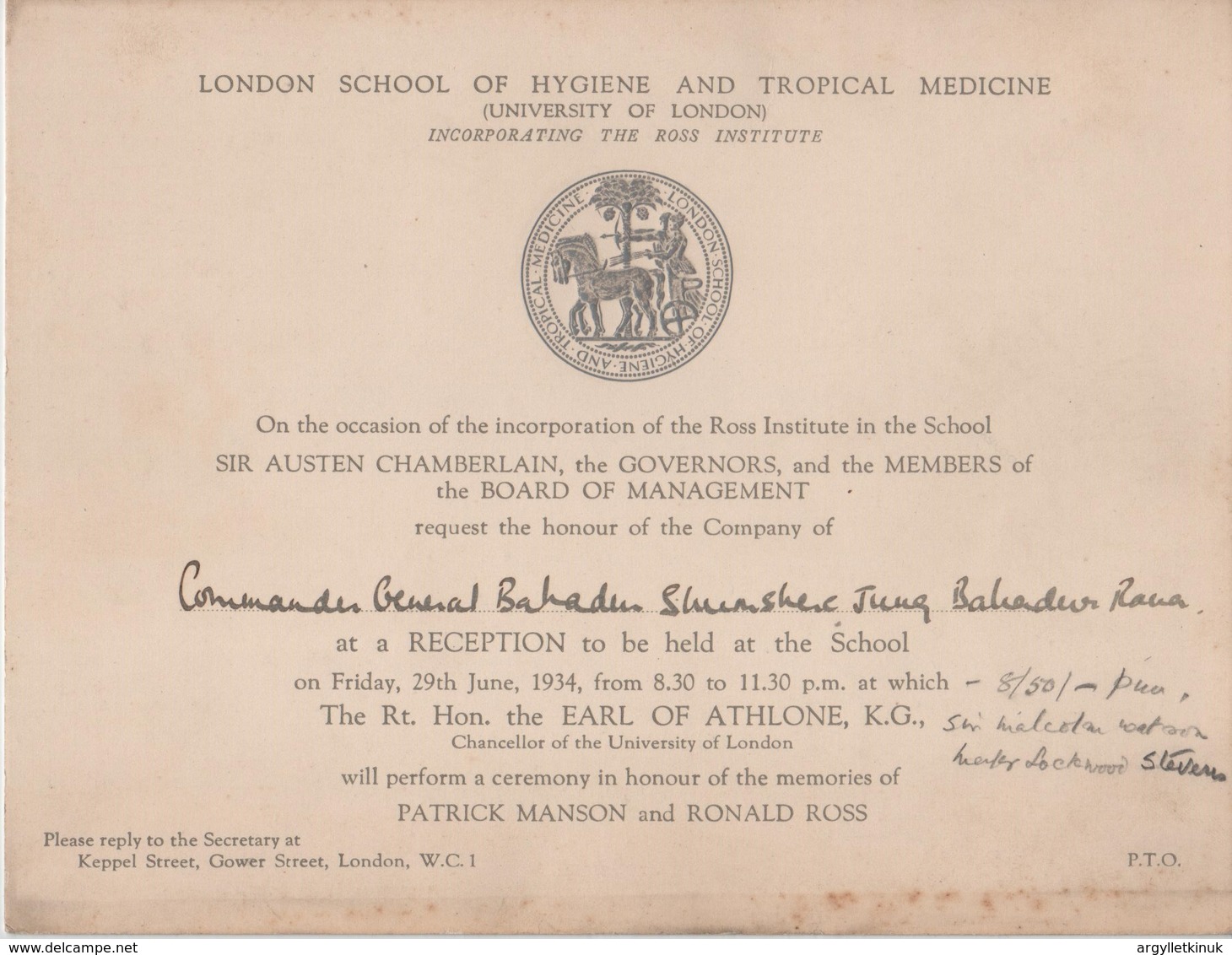 MALARIA SIR PATRICK MANSON SIR RONALD ROSS INST. UNI. LONDON NEPAL 1934 - Tickets - Vouchers