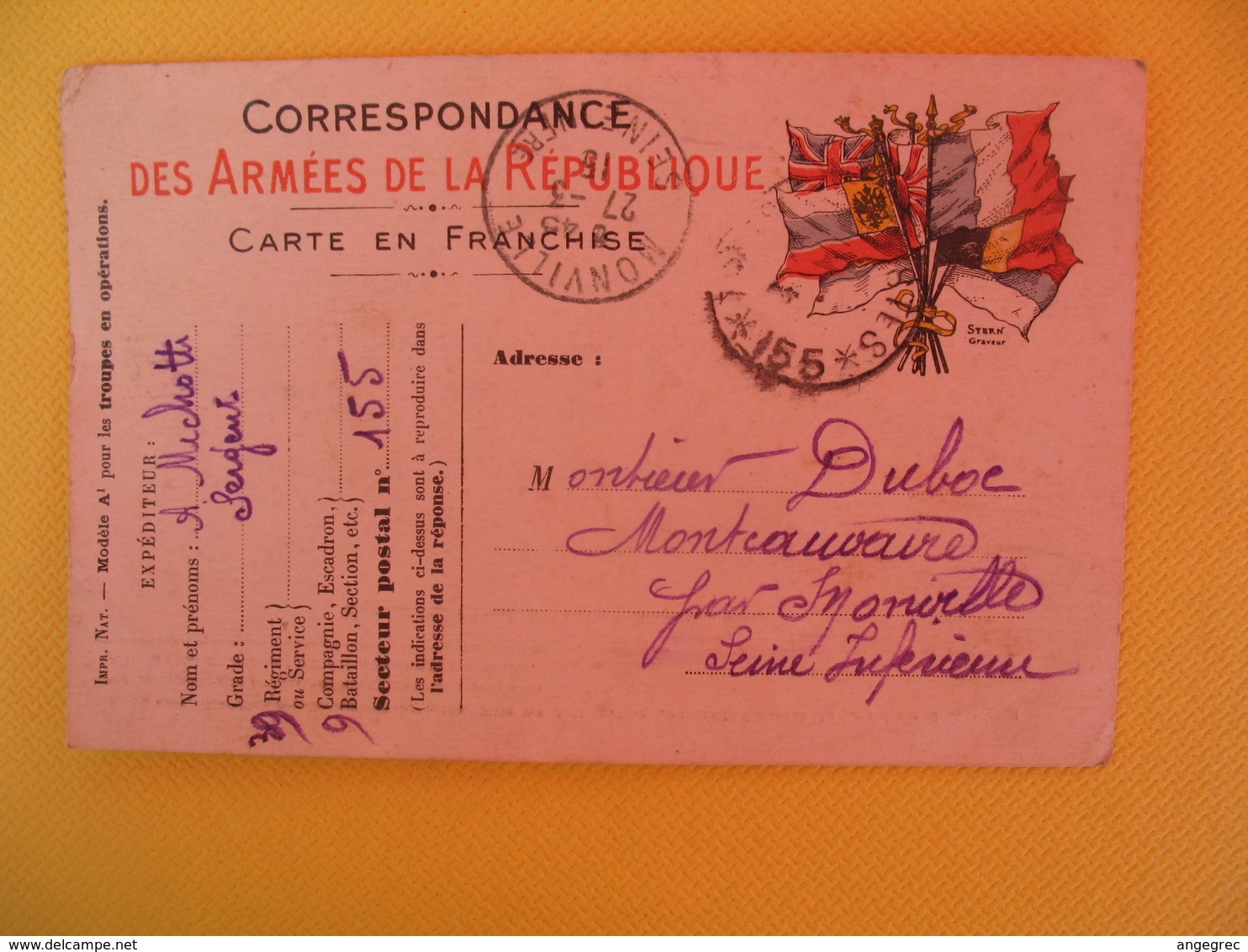 France Carte En Franchise Militaire 1915 Michot Albert Pour La Seine Inférieure Secteur Postal 155 - Lettres & Documents