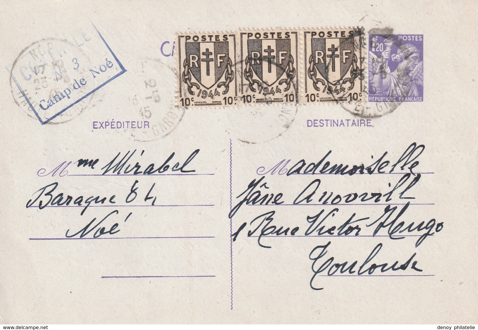 France Entier Postal Iris Daté Du 23 05 1945 Avec Cachet De Controle Du Camp De Noé (concentration ) N° 3 RRR - Guerre De 1939-45