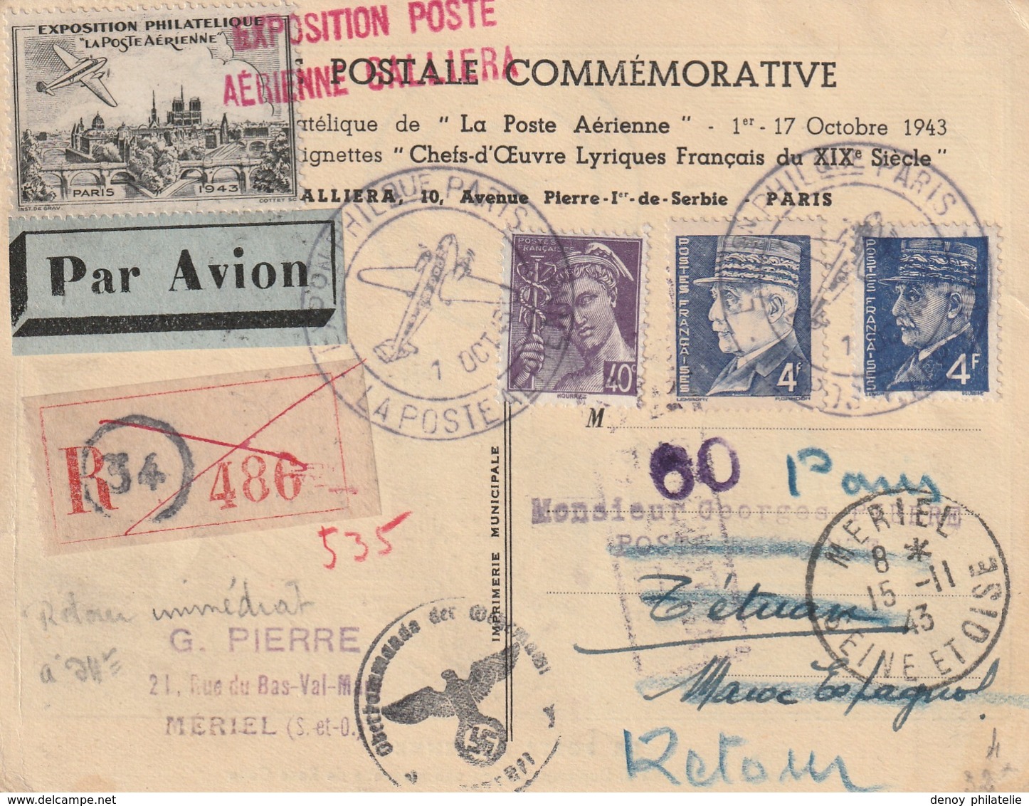 France Carte Postale De L'exposition De Paris 10 1943 Recommandée A Destination Du Maroc Espagnol - Oorlog 1939-45